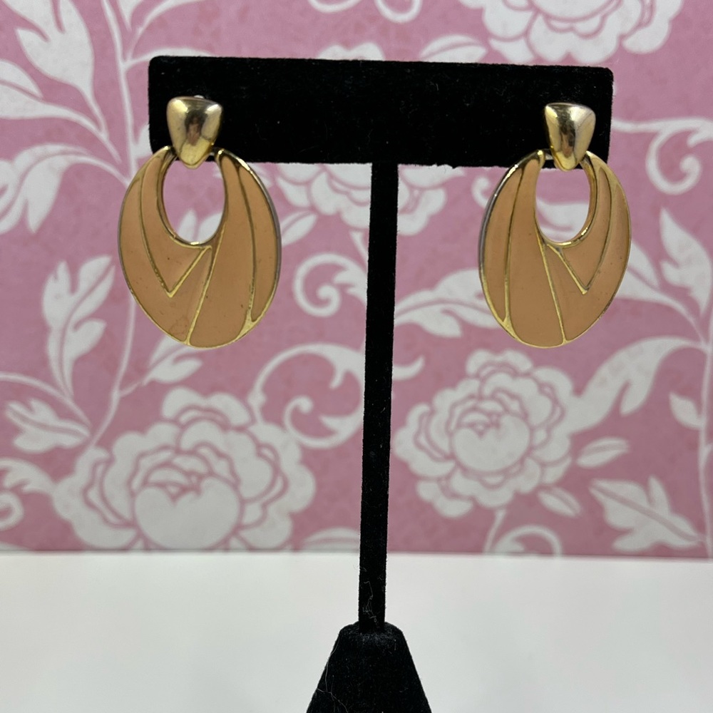 Vintage 1980s Signed Art Deco Gold and Peach Enamel Earrings